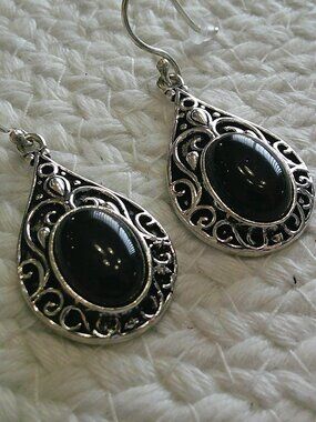 Stunning BLACK ONYX Handmade Sterling 925 Dangle Earrings #432E